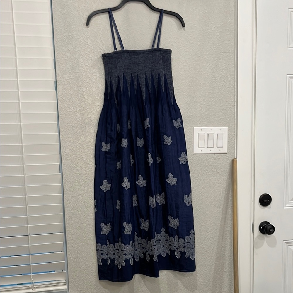 Lapis Strapless Dress in Navy with Gray Accents